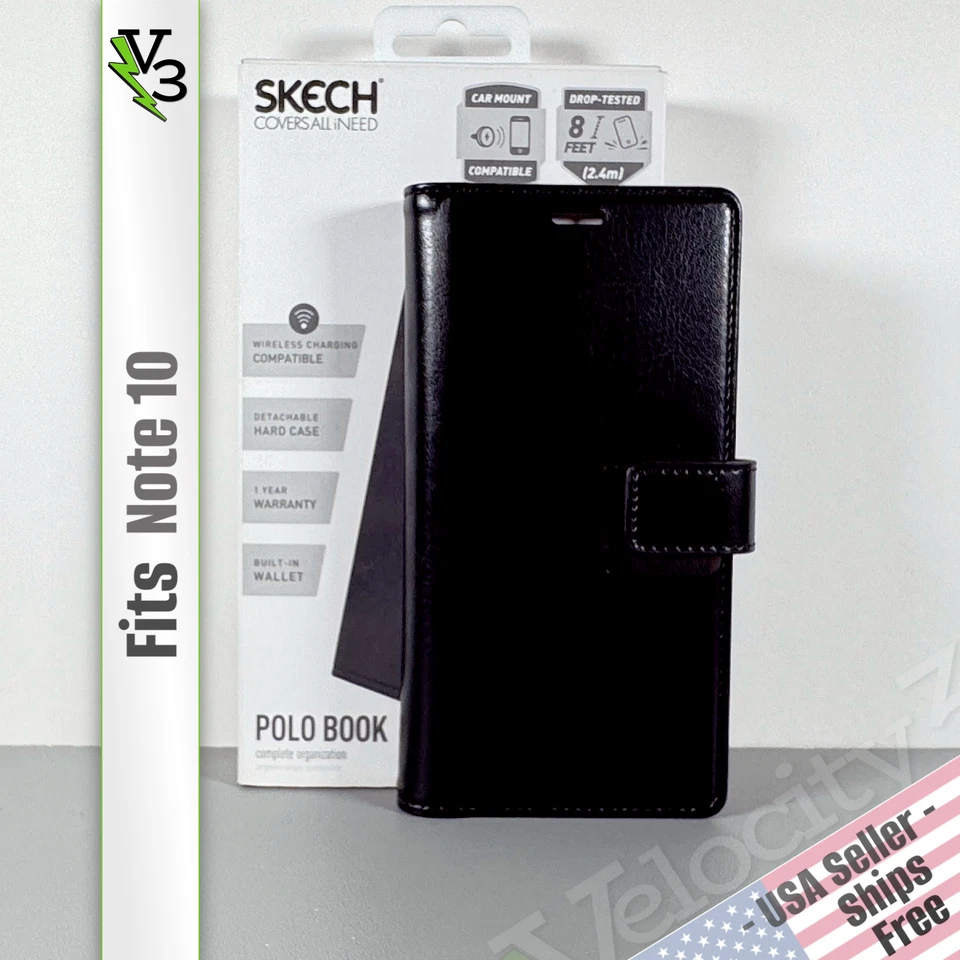 Funda Cartera para Galaxy Note 10 - Clásica Negra Imitación Cuero | Libro Polo Skech Foto 1 de 4