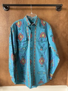 Vintage Men’s 15 x 33 Wrangler Turquoise Multicolored Aztec Brushpopper Shirt - Picture 1 of 6