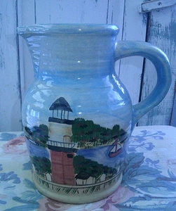 Vintage WCL Pottery Pitcher Jug Hand-Painted Ocean Town Scene Lighthouse - Picture 1 of 6