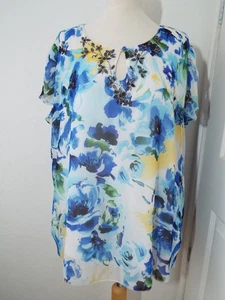 Nightingales Top ~ Size 24 ~ White Blue Floral ~ Cap Sleeve ~ Lined ~ 166 - Picture 1 of 6
