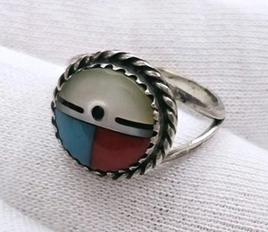 Vintage Sonnenring SY Türkis Koralle MOP Zuni Pinky Ring Kind Südwesten Gr. 4 - Bild 1 von 16