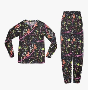 Black Pajama 2 Piece Thermal Set Long Sleeve Top Wine Glass Shirt Pant Med (t7) - Picture 1 of 2