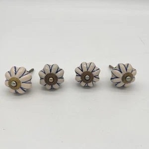 Set of 4 Ceramic Flower Drawer Pulls – Hand-Painted Blue & Orange - Picture 1 of 8