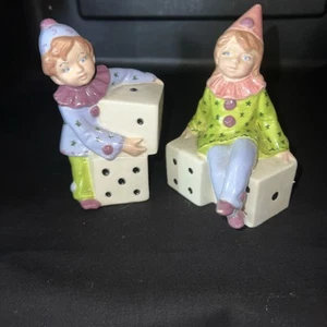 2 Pc.Royal Crown Porcelain Clown Figurine Sitting on Dice French Harlequin 5” - Picture 1 of 3