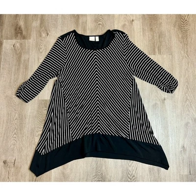 Chico's 女式 3 码黑色白色条纹 3/4 袖不对称束腰上衣 — 第 1/4 张图片