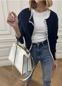 Cárdigan Vita Grace para mujer OS azul marino Isabella borde perlado suéter mezcla de cachemir - Imagen 1 de 13