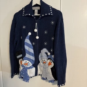Tiara International Christmas Sweater Womens Size X- Large Blue Snowman Cardigan - Picture 1 of 10