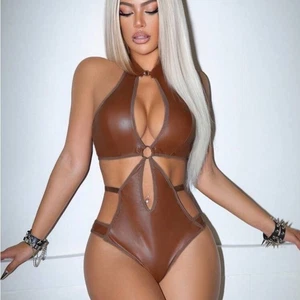 Nuevo con etiquetas Body Marrón Halter Recortado Cuero PU Talla XL Sexy Disfraz de Halloween - Imagen 1 de 5