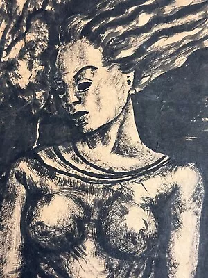 Tableau ancien expressionniste  Grand portrait femme paysage encre SPRING - Photo 1/4