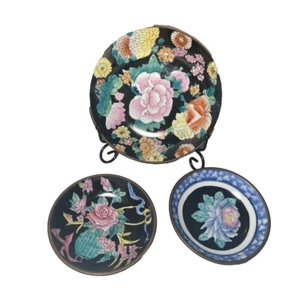 Set of 3 Vintage Centrum Black Brass Cased Bowls Hand Painted Chinese 1930-1940 - Picture 1 of 12