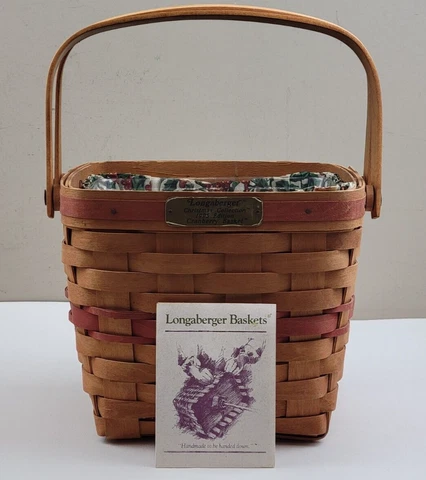 Longaberger Christmas Collection 1995 Edition Cranberry Handled Basket w/ Liner Cover