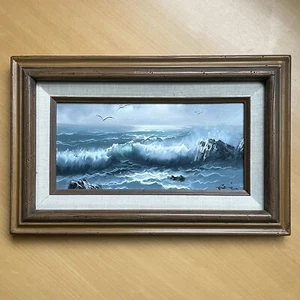 Dipinto olio con cornice di Gavin arte vintage originale paesaggio marino onde uccellini costa - Foto 1 di 9