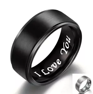 Mens Rings Fashion Black or Silver Stainless Steel Wedding Band Engraved - Picture 1 of 6