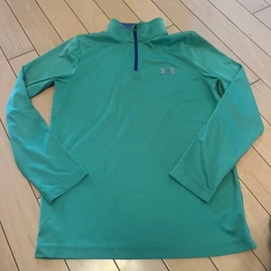 Under Armour Shirt Youth Large Green Loose Heat Gear Long Sleeve 1/4 Zip Logo - Picture 1 of 4