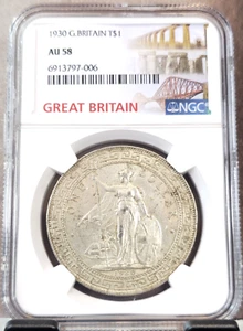 1930 GREAT BRITAIN SILVER TRADE DOLLAR T$1 BRITANNIA NGC AU 58 GREAT COIN - Picture 1 of 3