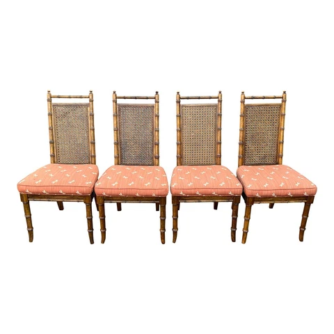 Vintage Faux Bamboo Cane Back Dining Chairs with Dragonfly Motif Seats Set of 4 Cover