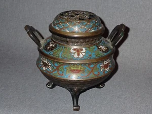 Antique Chinese Tripod Censer w Lid High Relief Gemoetric Bronze Cloisonné - Picture 1 of 12