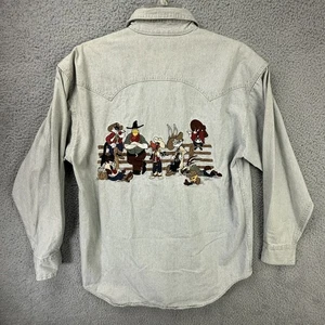 Vtg Looney Tunes Denim Shirt Mens Small Western Wild West Cowboy Embroidered 90s - Picture 1 of 24