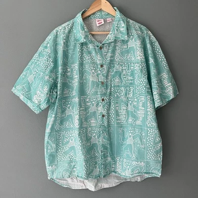 Quiksilver Stranger Things Mens Shirt Large Teal Hawaiian Art Deco 90s Retro vtg - Image 1 of 4