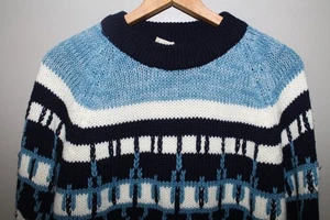 Vintage 60s Alpine Ski Sweater Blue Yoke L Acrylic Preppy Ivy Style Crewneck - Picture 1 of 5