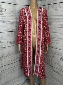 LOFT M/L Red Pink Floral Kimono Robe Open Front Lightweight Duster Beach Boho - Picture 1 of 10