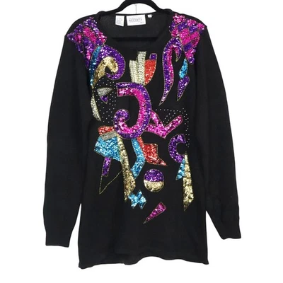 Suéter Retro Vintage Años 80 Negro Rosa Con Cuentas Lentejuelas Navidad Fiesta M  Foto 1 de 4