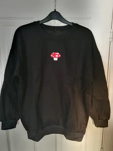 Black Womens Long Sleeve  Pullover with Embroidered Red Fly Agaric Mushroom - Picture 1 of 7