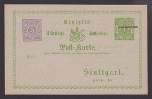 GERMANY Württemberg 1889, Pre-stamped postcard, Unposted - Picture 1 of 3