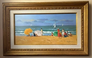 Annie Puybareau "A LA PLAGE", Öl auf Leinwand, 12" x 23 1/2" gerahmt 20" x 31 1/2" - Bild 1 von 9
