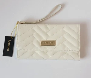 Bebe Los Angeles Damen dreifach faltbare Geldbörse mit Schlüsselquasten und Kalbsleder weiß NEU - Bild 1 von 15