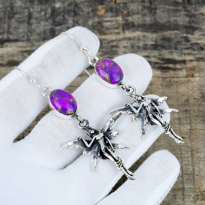 Purple Spiny Turquoise Gemstone 925 Sterling Silver Jewelry Earring Women Gift - Image 1 of 4