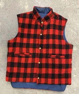 Vtg LL Bean Wool Vest Reversible Buffalo Plaid Red Black Made in USA Men’s Large - Picture 1 of 7
