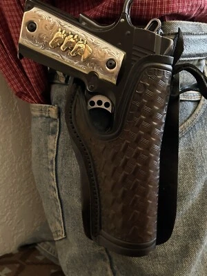 FITS Colt Kimber Ruger RIA ATI Model 1911 Dark Brown Western Holster Basketweave - Image 1 of 4