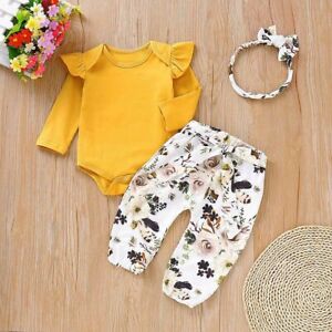 Baby Girl Romper Tops Jumpsuit Floral Pants Headband Clothes Outfits Set