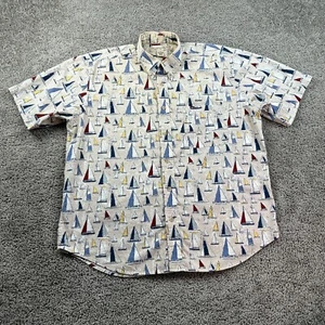 Munsingwear Shirt Mens Large Beige Blue AOP Sailing Print Cotton Button Up FLAW - Picture 1 of 11