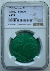 NGC MS70 Barbados 2017 Barbados Monkey - Titanium Silver Coin 1 Dollar - Picture 1 of 4