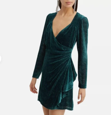 Vestido feminino Intermix veludo verde Brooke Burnout envoltório falso drapeado tamanho 6 - Imagem 1 de 4