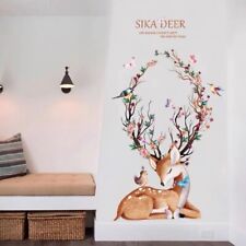 Pegatinas de pared de ciervos sika de dibujos animados con flores y pájaros, calcomanías de vinilo para decoración del hogar