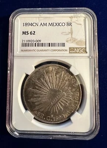 MEXICO CULIACAN 1894-CnAM 8 REALES UNCIRCULATED COIN, NGC CERTIFIED MS62 - Picture 1 of 2