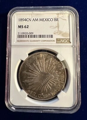 МЕКСИКАНСКАЯ МОНЕТА КУЛИАКАН 1894-CnAM 8 РЕАЛОВ НЕ БЫВШАЯ В ОБРАЩЕНИИ, СЕРТИФИЦИРОВАННАЯ NGC MS62 - Изображение 1 из 2