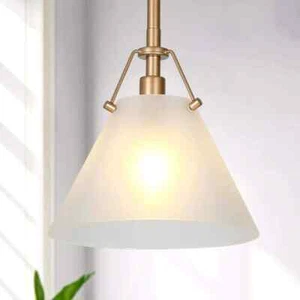 Uolfin 1-Light Brass Gold Cone Pendant Frosted Glass Shade Mid-Century Modern - Picture 1 of 8
