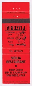 Matchbook Cover Sicilia Restaurant San Diego California Pizzeria - Bild 1 von 2