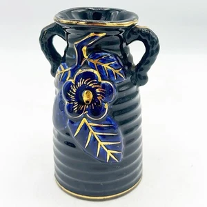 Occupied Japan Black Vase With Blue Flowers 3.5" H - Picture 1 of 7