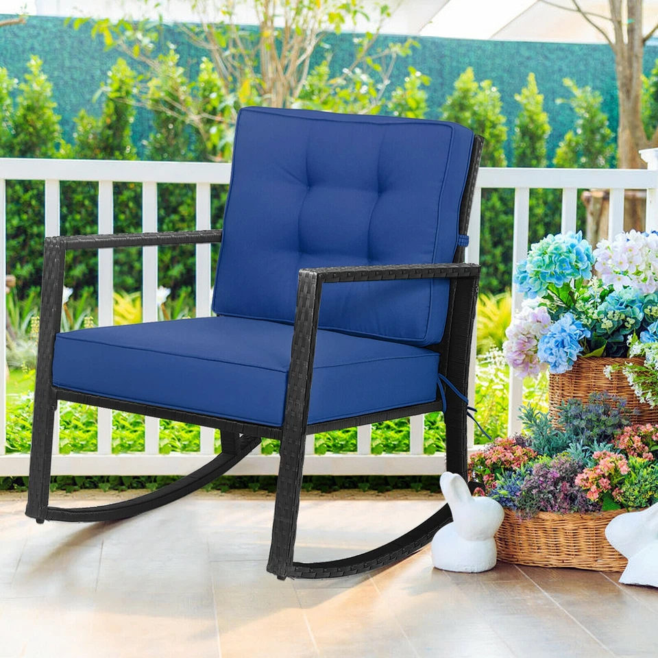 Outdoor Wicker Rocking Chair Patio Lawn Rattan Single Chair Glider w/ Navy Foto 1 de 4