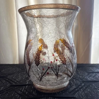 Vintage Fall Harvest Wheat Berry Crackle Glass Candle Holder  Yankee Candle 8”x6 - Image 1 of 4