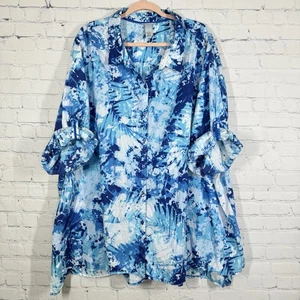 Catherines Tunic Women Plus Size 5X Blue White 3/4 Sleeve Roll Tab Sleeve Blouse - Picture 1 of 11
