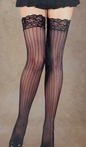 Black fisnet stripe thigh hi lace trim stocking fits Small Medium Large One size - Picture 1 of 2