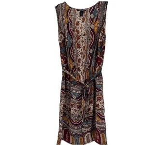 Lucky Brand Silk Boho Dress Mixed Pattern Defined Waist Sleeveless Belted Size S - Picture 1 of 9