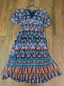 Old Navy Size M Chiffon Short Sleeve V Neck Empire Waist Aztec Maxi Dress Boho - Picture 1 of 6