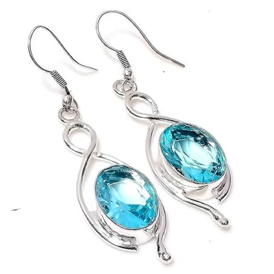 Aquamarine Gemstone 925 Sterling Silver Handmade Dangle Jewelry Earrings 1.6" - Image 1 of 4